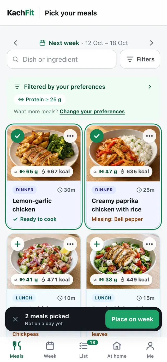 KachFit app: pick your meals for the week