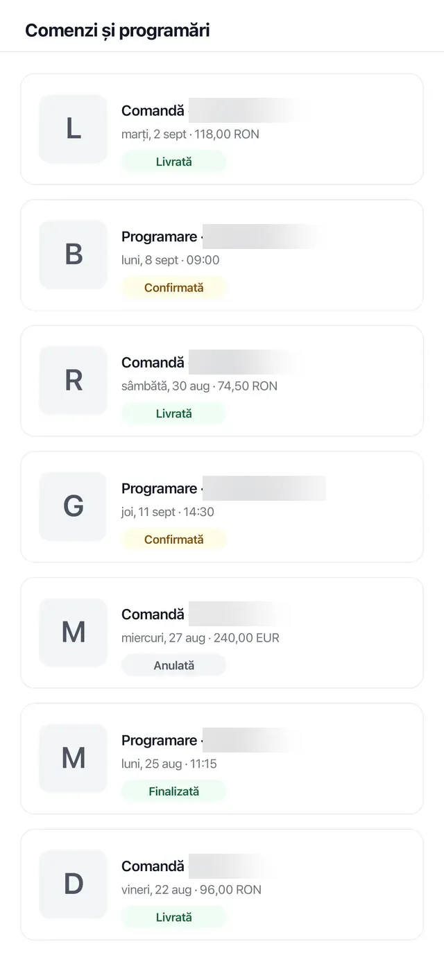 App: orders and bookings